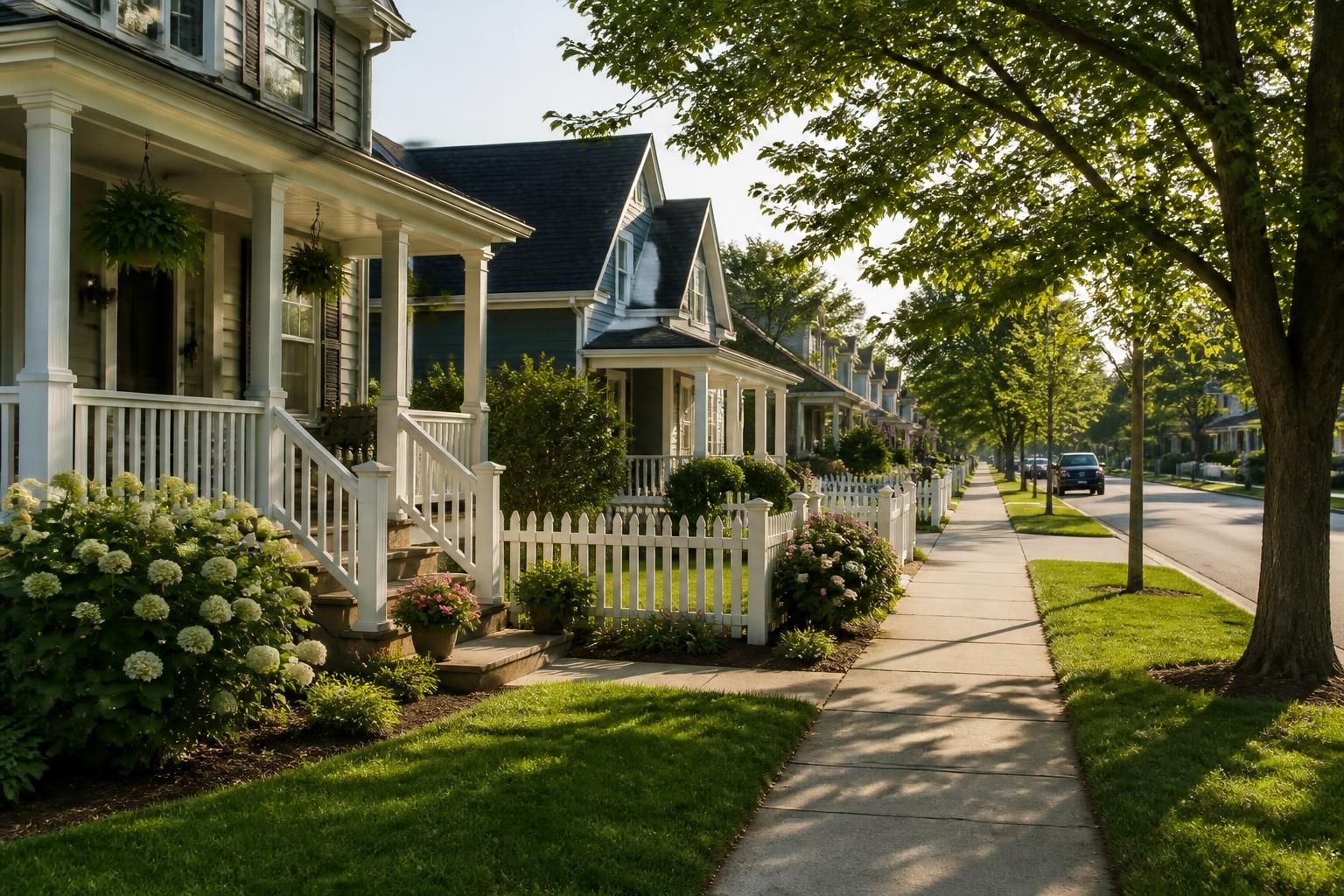 Quiet small-town neighborhood with neat homes and calm streets.