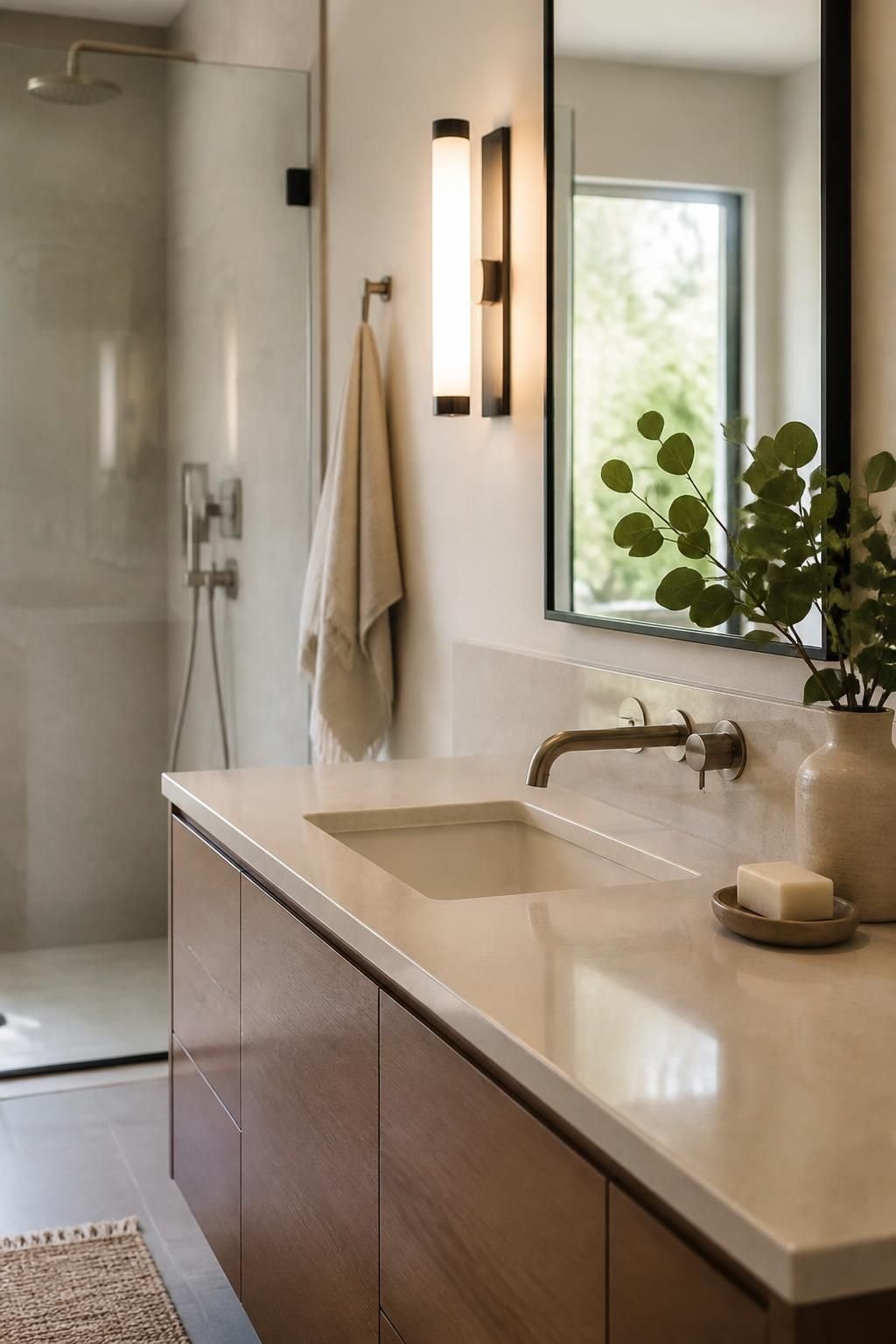 Modern bathroom vanity with a polished countertop and integrated sink.