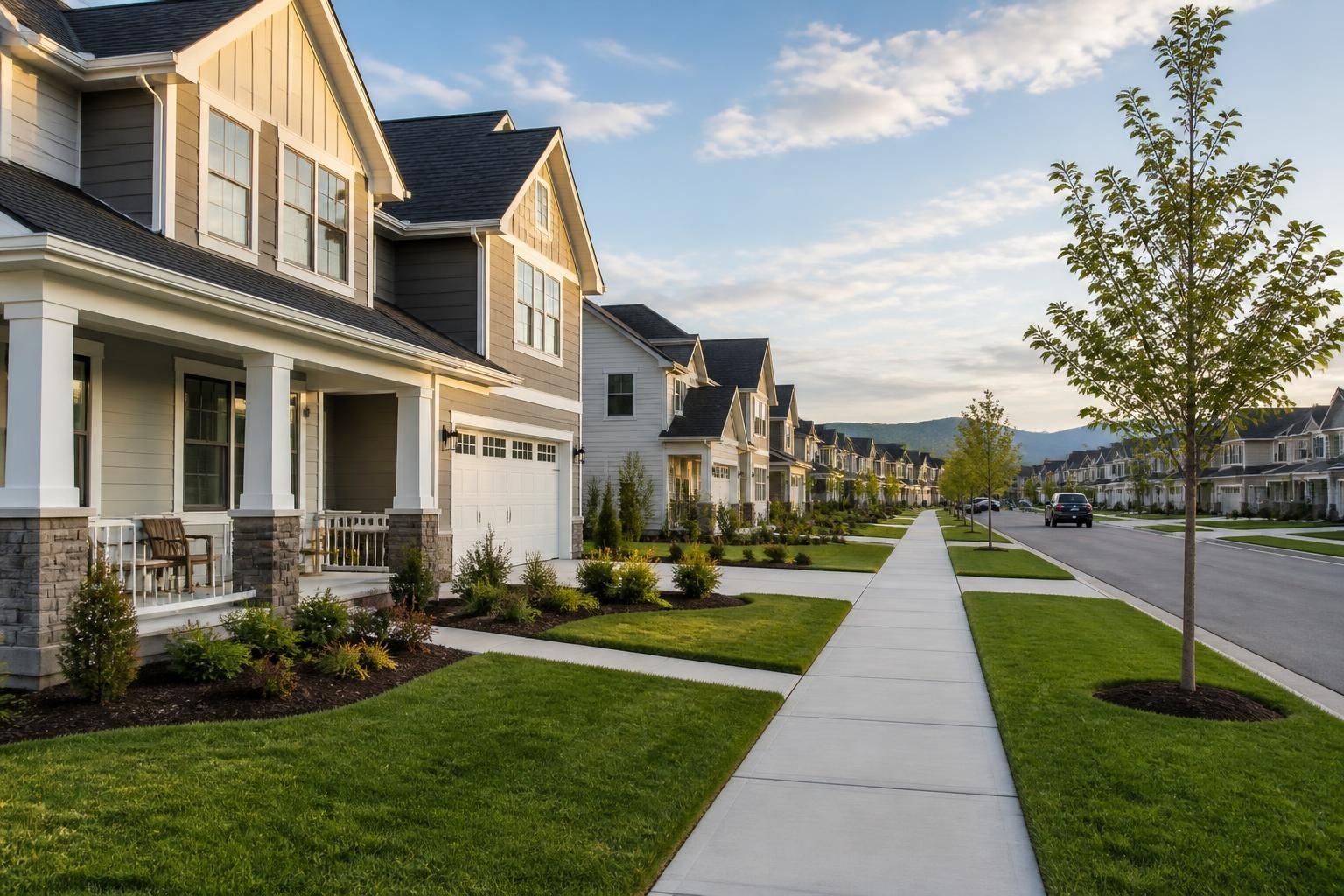 Fast-growing suburban neighborhood with modern homes and tidy sidewalks.