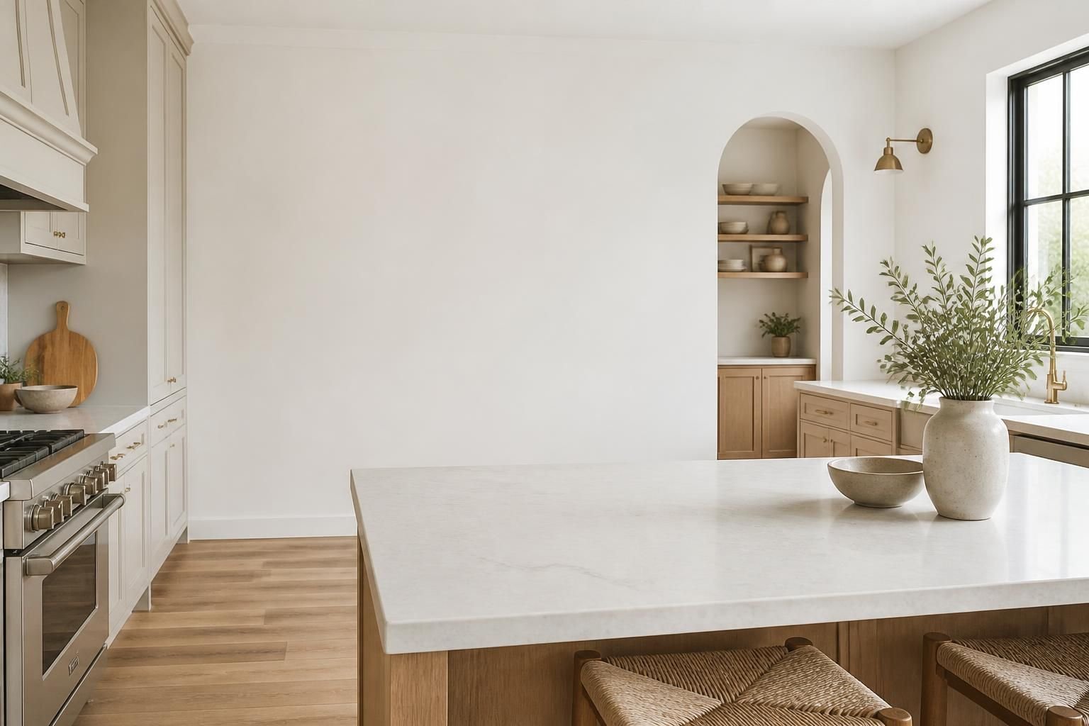 Clean modern kitchen with open space beside a stone countertop.