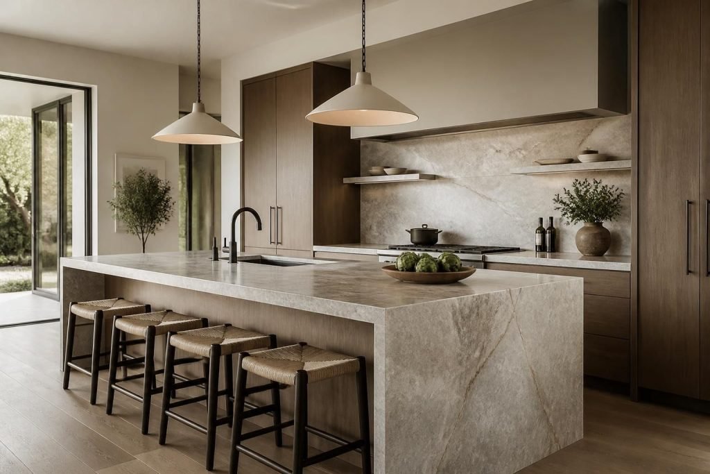 Modern kitchen with a finished stone island countertop and backsplash.