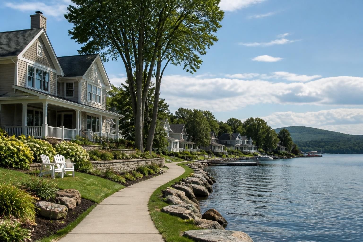 Quiet lakeside suburb with homes and open sky.