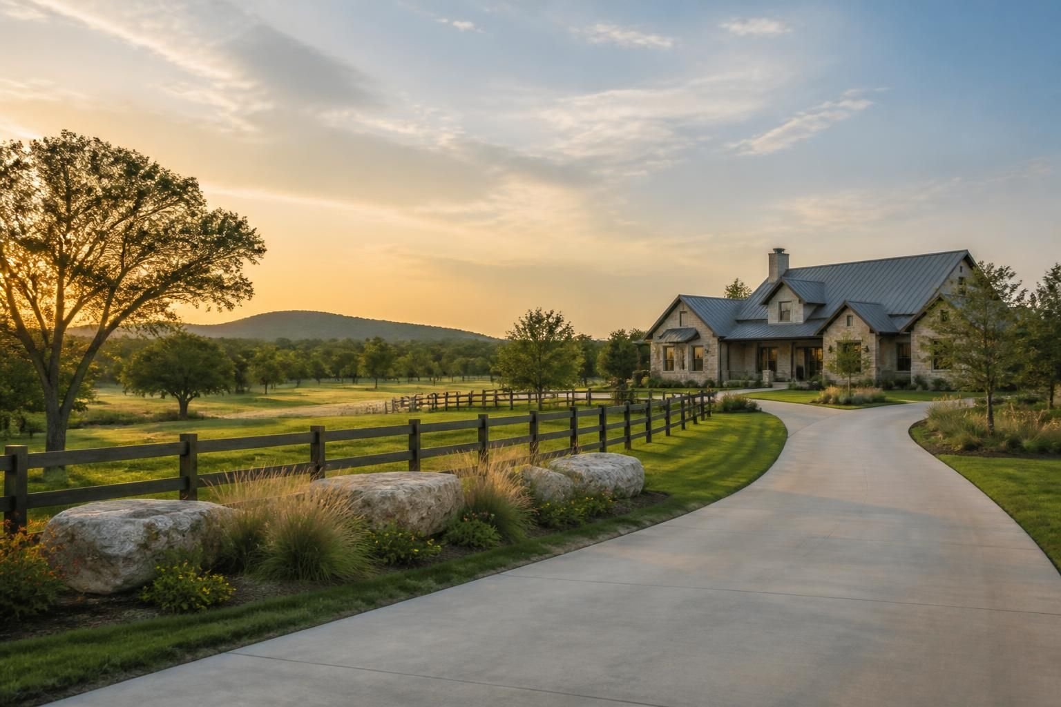 Peaceful semi-rural neighborhood with elegant homes and open lots.