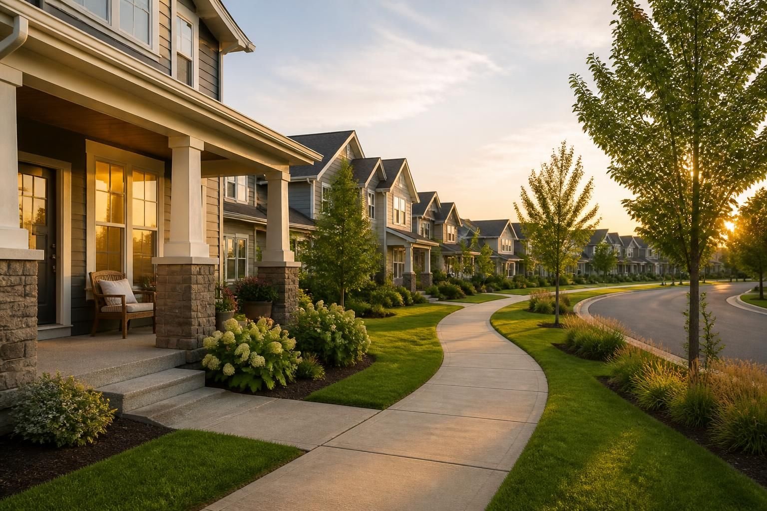 Residential community with modern homes and landscaped yards.