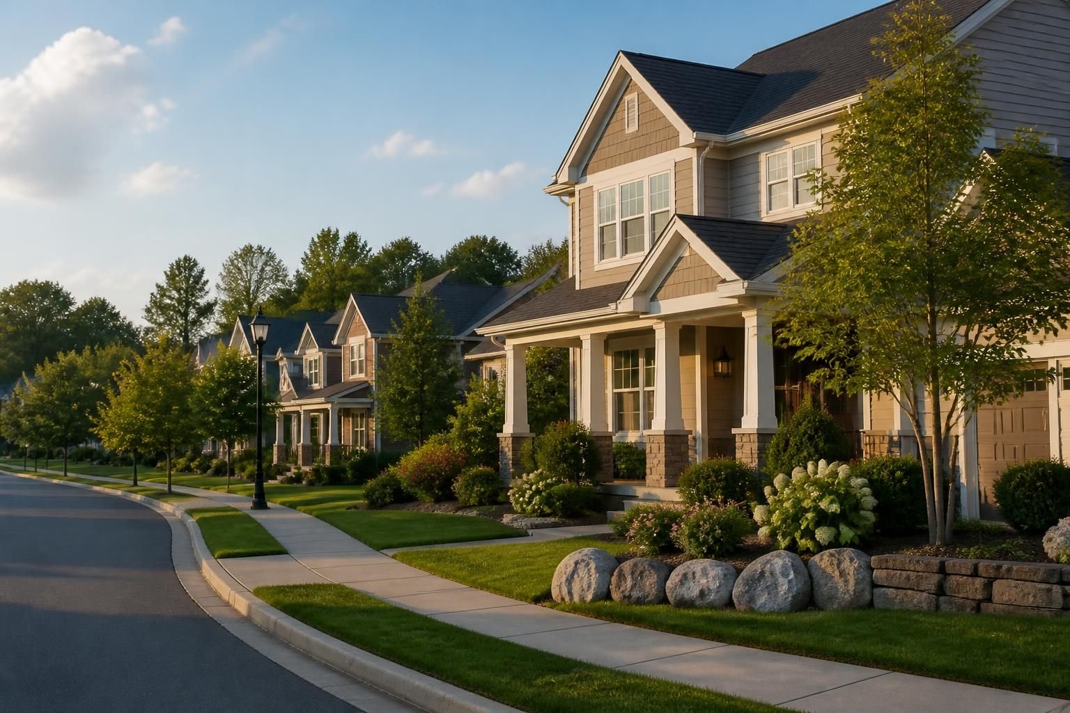 Upscale suburban street with polished homes and mature landscaping.