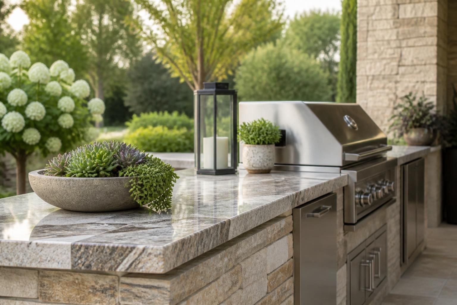 Outdoor kitchen with a refined natural stone countertop.