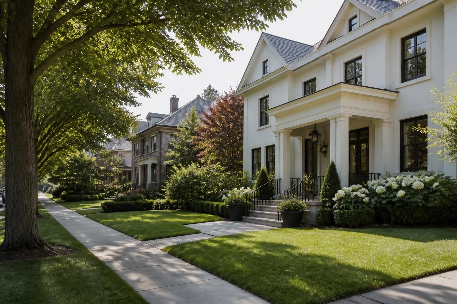 Upscale residential scene with spacious homes and tree-lined streets.
