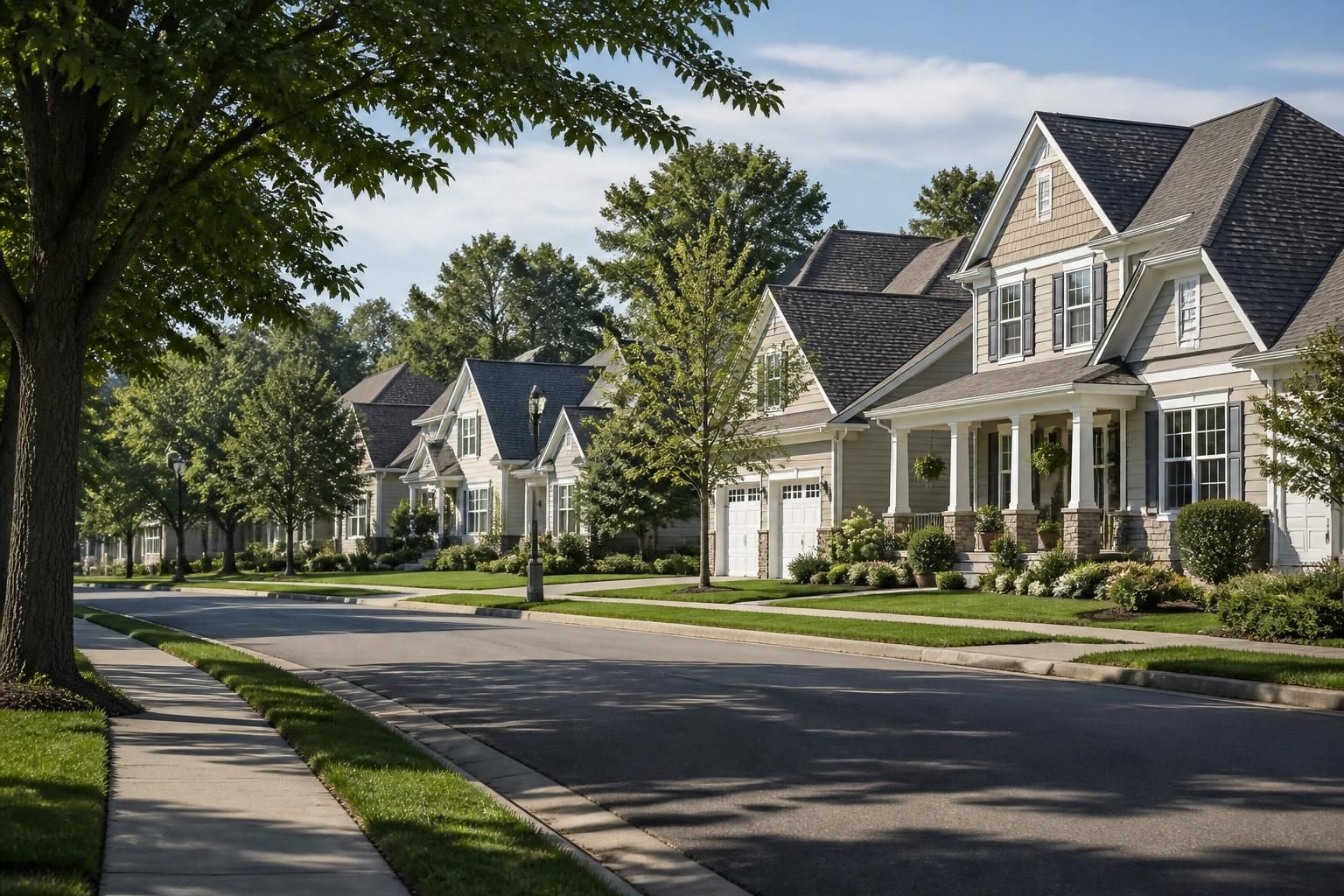 Suburban neighborhood with newer homes and mature trees.