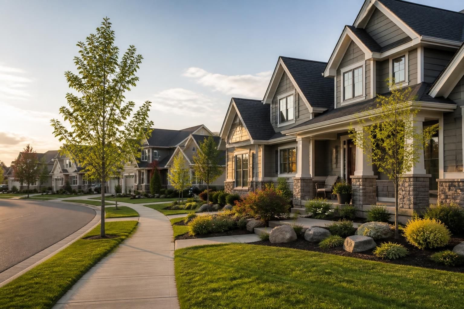 Upscale suburban neighborhood with modern homes and clean streets.