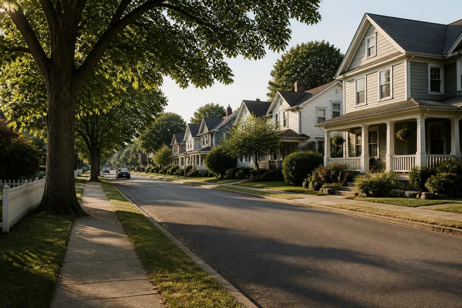 Small-town neighborhood with classic homes and quiet streets.