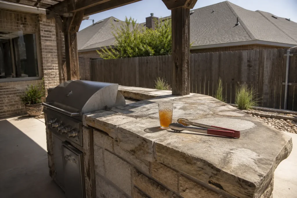 outdoor kitchen stone countertop on a Plano patio